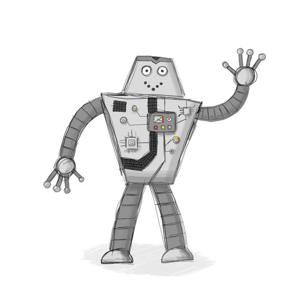 Veselý šedý robot kreslený rukou. Robot mává. Šedé líhnutí jako pozadí. Na robotu je mnoho zařízení a tlačítek. — Stockový vektor