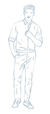 Rahat duruş içinde genç bir iş adamı ve biraz düğmesiz bir gömlek..