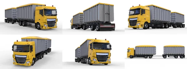 Tarım ve inşaat malzemeleri ve ürünlerinin taşınması için ayrı karavana büyük sarı bir kamyon koyun. 3d oluşturma. — Stok fotoğraf