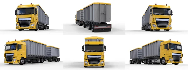 Conjunto de camión amarillo grande con remolque separado, para el transporte de materiales y productos agrícolas y de construcción a granel. renderizado 3d . — Foto de Stock