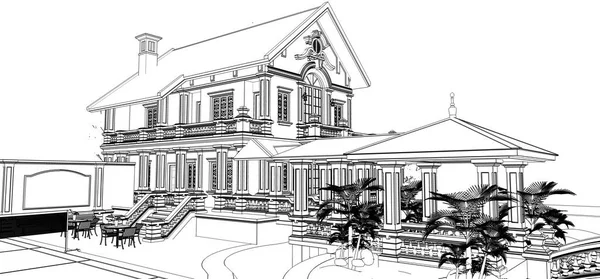 Large Asian-style villa with garden, pool and tennis court. The building and the territory in contour lines with soft scattered shadows. 3d illustration. — Stock Photo, Image