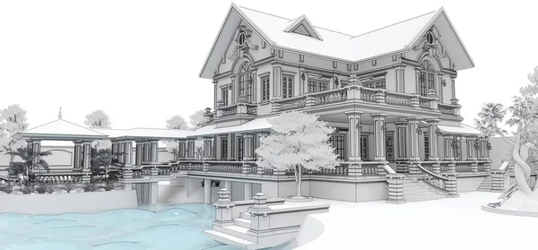 Große Villa im asiatischen Stil mit Garten, Pool und Tennisplatz. Das Gebäude und das Territorium in Höhenlinien mit sanften, verstreuten Schatten. 3D-Illustration. — Stockfoto