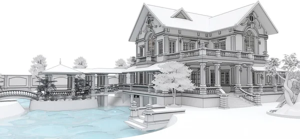 Große Villa im asiatischen Stil mit Garten, Pool und Tennisplatz. Das Gebäude und das Territorium in Höhenlinien mit sanften, verstreuten Schatten. 3D-Illustration. — Stockfoto
