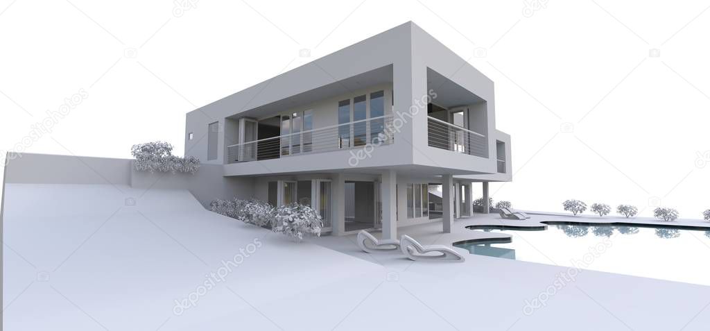 3d modern house, on white background. 3d illustration.
