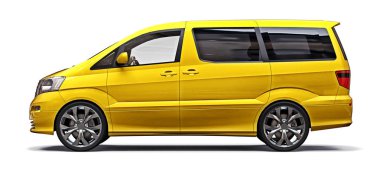 Sarı küçük minivan insanların taşınması için. Beyaz arka planda üç boyutlu illüstrasyon. 3d render.