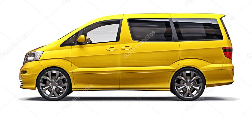 Yellow small minivan for transportation of people. Three-dimensional illustration on a white background. 3d rendering.