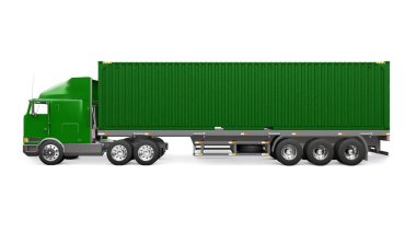 Uyuyan parçası ve aerodinamik uzantısı olan büyük yeşil bir kamyon içinde deniz kabı olan bir römork taşır. 3d oluşturma.