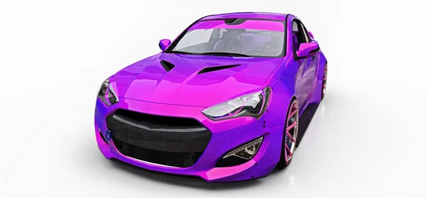 Purple small sports car coupe. Advanced racing tuning with special parts and wheel extensions. 3d rendering. — Stock Photo, Image