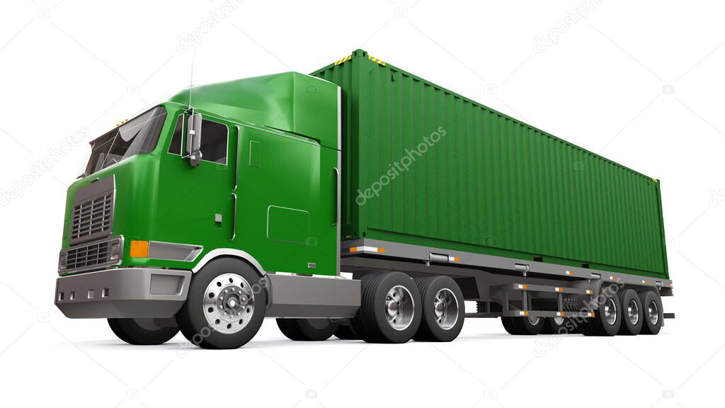 A large retro green truck with a sleeping part and an aerodynamic extension carries a trailer with a sea container. 3d rendering.