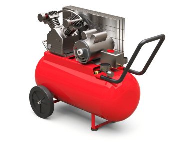 Beyaz zemin üzerinde kırmızı yatay hava kompresörü izole edildi. 3d illüstrasyon.