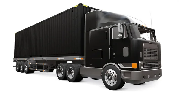 Un gran camión negro retro con una parte dormida y una extensión aerodinámica lleva un remolque con un contenedor de mar. renderizado 3d . — Foto de Stock