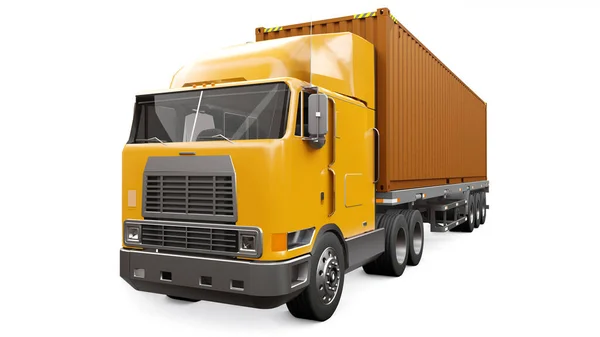 Um grande caminhão laranja retro com uma parte de dormir e uma extensão aerodinâmica carrega um reboque com um recipiente de mar. Renderização 3d. — Fotografia de Stock