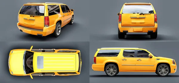 Definir grande SUV premium amarelo em um fundo cinza. Renderização 3d . — Fotografia de Stock