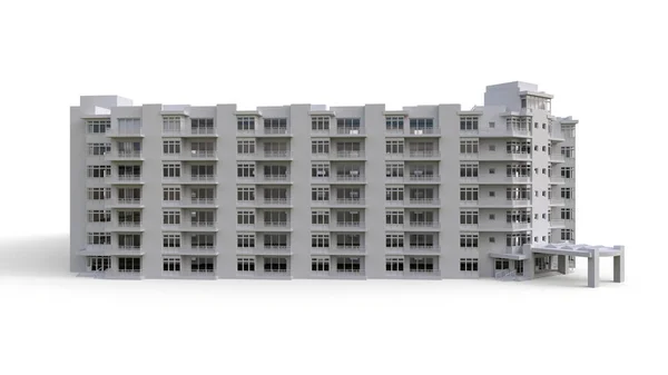 Modello condominiale in colore bianco con vetri trasparenti. Palazzina con cortile. rendering 3d. — Foto Stock