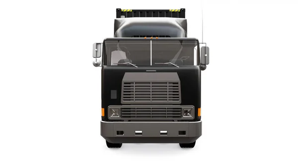 Un grand camion noir rétro avec une pièce de couchage et une extension aérodynamique transporte une remorque avec un conteneur maritime. Rendu 3d . — Photo
