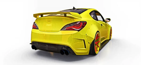 Žluté malé sportovní auto kupé. Pokročilé závodní ladění se speciálními díly a nástavci kol. 3D vykreslování. — Stock fotografie