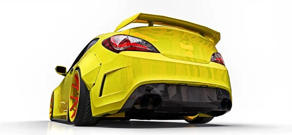 Żółty samochód sportowy coupe. Zaawansowane strojenie wyścigowe ze specjalnymi częściami i przedłużeniami kół. 3d renderowanie. — Zdjęcie stockowe