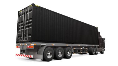 Uyuyan parçası ve aerodinamik uzantısı olan büyük siyah bir kamyon içinde deniz kabı olan bir römork taşır. 3d oluşturma.