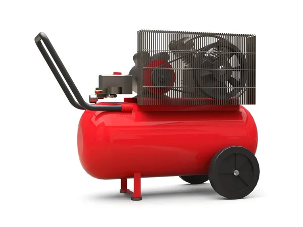 Czerwony poziomy kompresor powietrza izolowany na białym tle. Ilustracja 3D. — Zdjęcie stockowe