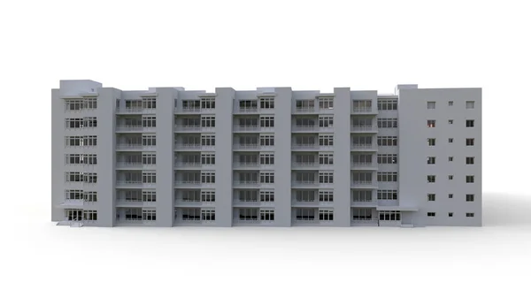 Modello condominiale in colore bianco con vetri trasparenti. Palazzina con cortile. rendering 3d. — Foto Stock