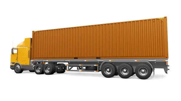 Un gran camión retro naranja con una parte dormida y una extensión aerodinámica lleva un remolque con un contenedor de mar. renderizado 3d. — Foto de Stock