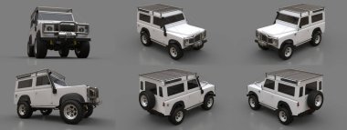 Zor güzergahlar ve seferler için beyaz, eski bir SUV ayarlayın. 3d oluşturma.