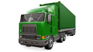 Uyuyan parçası ve aerodinamik uzantısı olan büyük yeşil bir kamyon içinde deniz kabı olan bir römork taşır. 3d oluşturma.