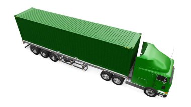 Uyuyan parçası ve aerodinamik uzantısı olan büyük yeşil bir kamyon içinde deniz kabı olan bir römork taşır. 3d oluşturma.