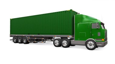 Uyuyan parçası ve aerodinamik uzantısı olan büyük yeşil bir kamyon içinde deniz kabı olan bir römork taşır. 3d oluşturma.