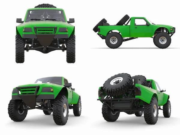 Ställ in mest förberedda gröna sport race lastbil för öknen terräng. 3D-illustration. — Stockfoto