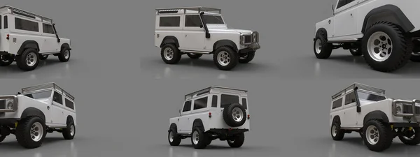 Definir branco velho pequeno SUV sintonizado para rotas difíceis e expedições. Renderização 3d . — Fotografia de Stock