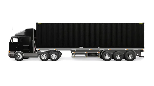 Een grote retro zwarte truck met een slaapgedeelte en een aerodynamisch verlengstuk draagt een aanhanger met een zeecontainer. 3d destructie. — Stockfoto