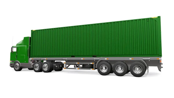 En stor retro grön lastbil med en sovdel och en aerodynamisk förlängning bär en släpvagn med en sjöcontainer. 3d-konvertering. — Stockfoto