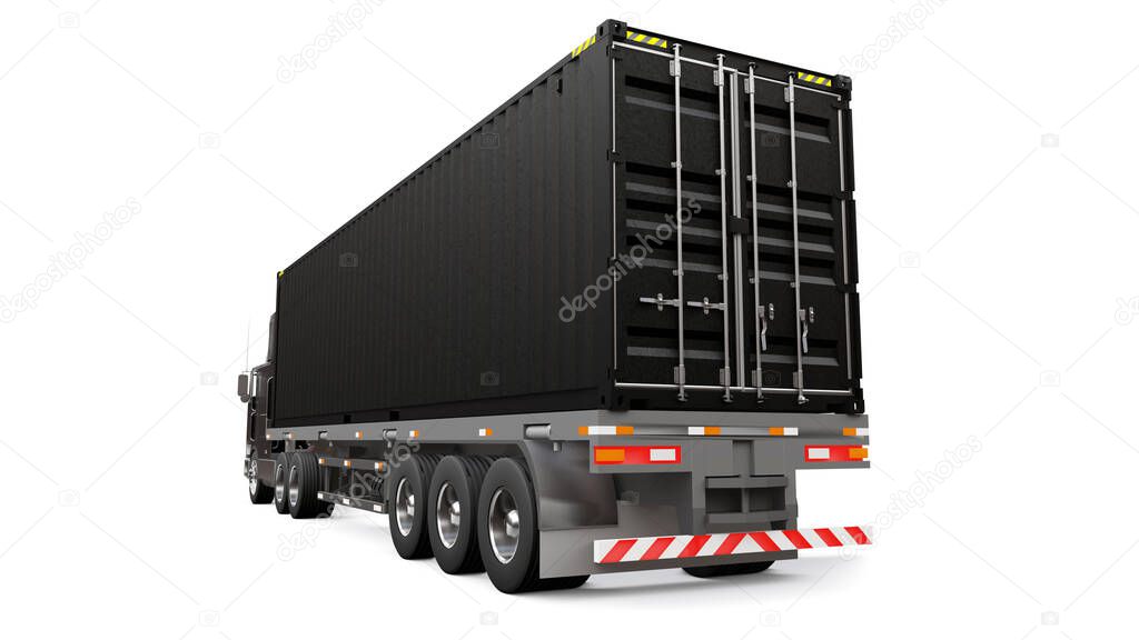 A large retro black truck with a sleeping part and an aerodynamic extension carries a trailer with a sea container. 3d rendering.