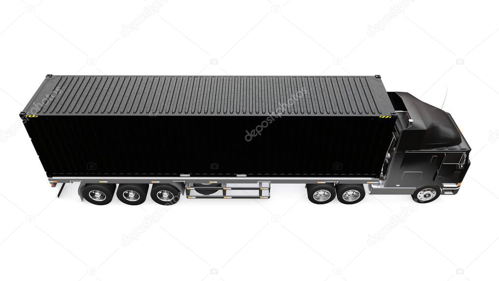 A large retro black truck with a sleeping part and an aerodynamic extension carries a trailer with a sea container. 3d rendering.