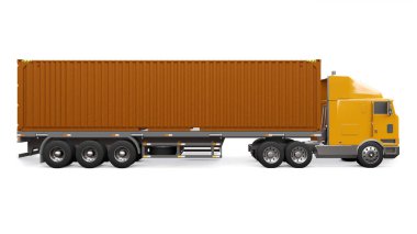 Uyuyan parçası ve aerodinamik uzantısı olan büyük bir turuncu kamyon içinde deniz kabı olan bir römork taşır. 3d oluşturma.