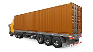 Uyuyan parçası ve aerodinamik uzantısı olan büyük bir turuncu kamyon içinde deniz kabı olan bir römork taşır. 3d oluşturma.