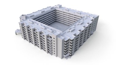 Şeffaf gözlüklü beyaz renkli apartman modeli. Avlusu olan bir daire. 3d oluşturma.