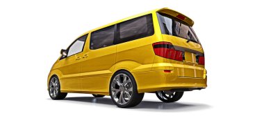 Sarı küçük minivan insanların taşınması için. Beyaz arka planda üç boyutlu illüstrasyon. 3d render.