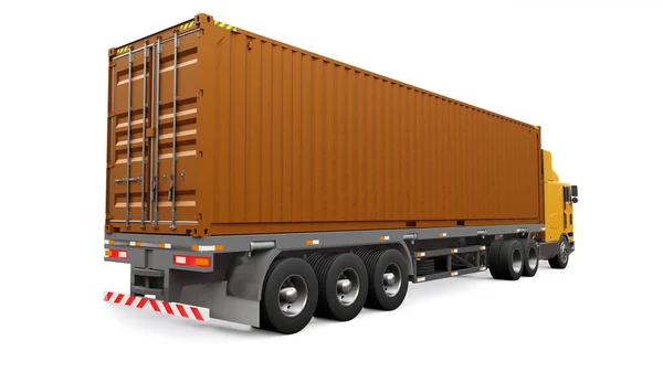 Un gran camión retro naranja con una parte dormida y una extensión aerodinámica lleva un remolque con un contenedor de mar. renderizado 3d. — Foto de Stock