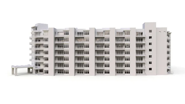 Modello condominiale in colore bianco con vetri trasparenti. Palazzina con cortile. rendering 3d. — Foto Stock