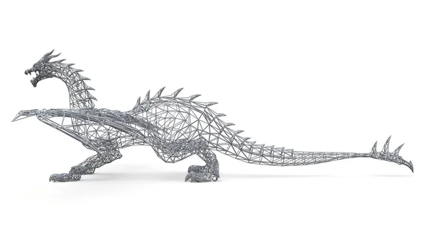 Il grande drago sta a terra. Illustrazione tridimensionale della rete poligonale su fondo bianco. Illustrazione 3d . — Foto Stock