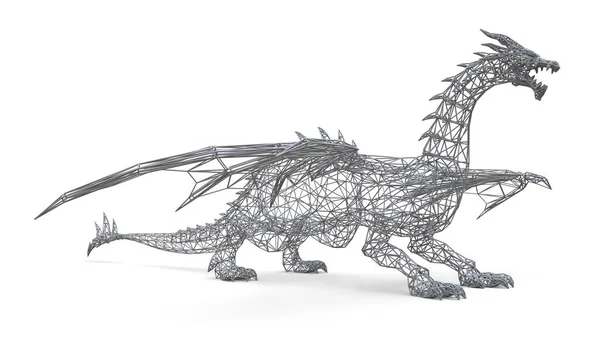 Il grande drago sta a terra. Illustrazione tridimensionale della rete poligonale su fondo bianco. Illustrazione 3d . — Foto Stock