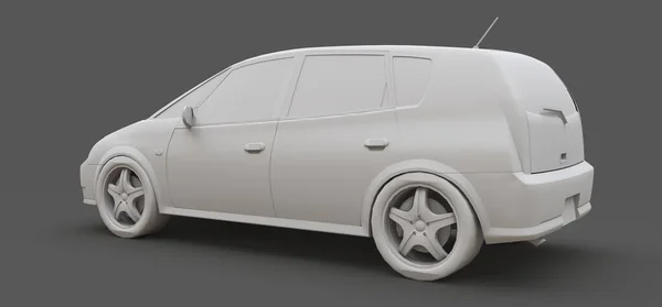 Yaratıcı tasarım için boş yüzeyli beyaz şehir arabası. 3b yazıcıya basılmış plastik model. 3d illüstrasyon. — Stok fotoğraf