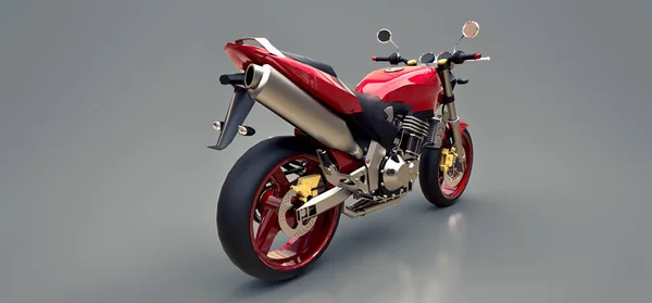 Rotes urbanes Sport-Zweisitzmotorrad auf grauem Hintergrund. 3D-Illustration. — Stockfoto
