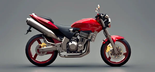 Červený městský sport dvoumístný motocykl na šedém pozadí. 3D ilustrace. — Stock fotografie