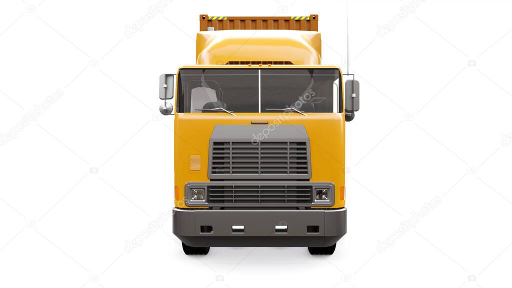 A large retro orange truck with a sleeping part and an aerodynamic extension carries a trailer with a sea container. 3d rendering.