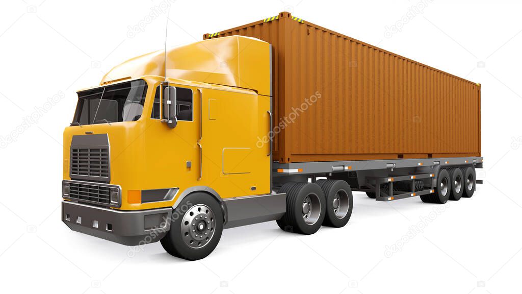 A large retro orange truck with a sleeping part and an aerodynamic extension carries a trailer with a sea container. 3d rendering.