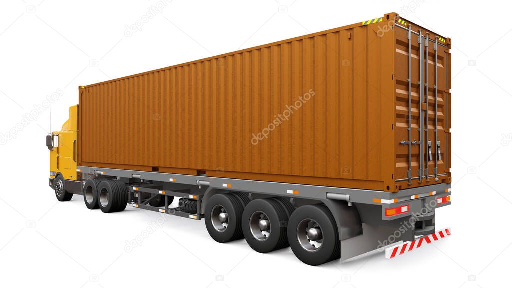 A large retro orange truck with a sleeping part and an aerodynamic extension carries a trailer with a sea container. 3d rendering.