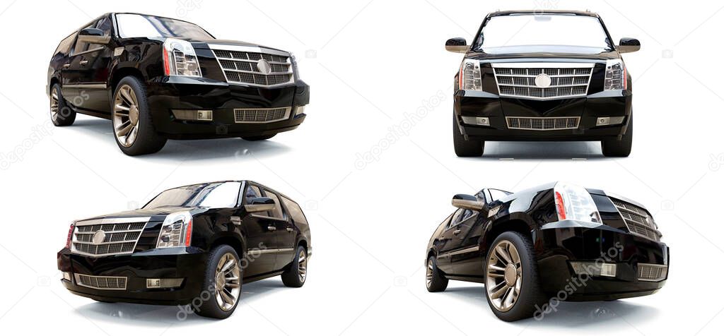 Set big black premium SUV on a white background. 3d rendering.